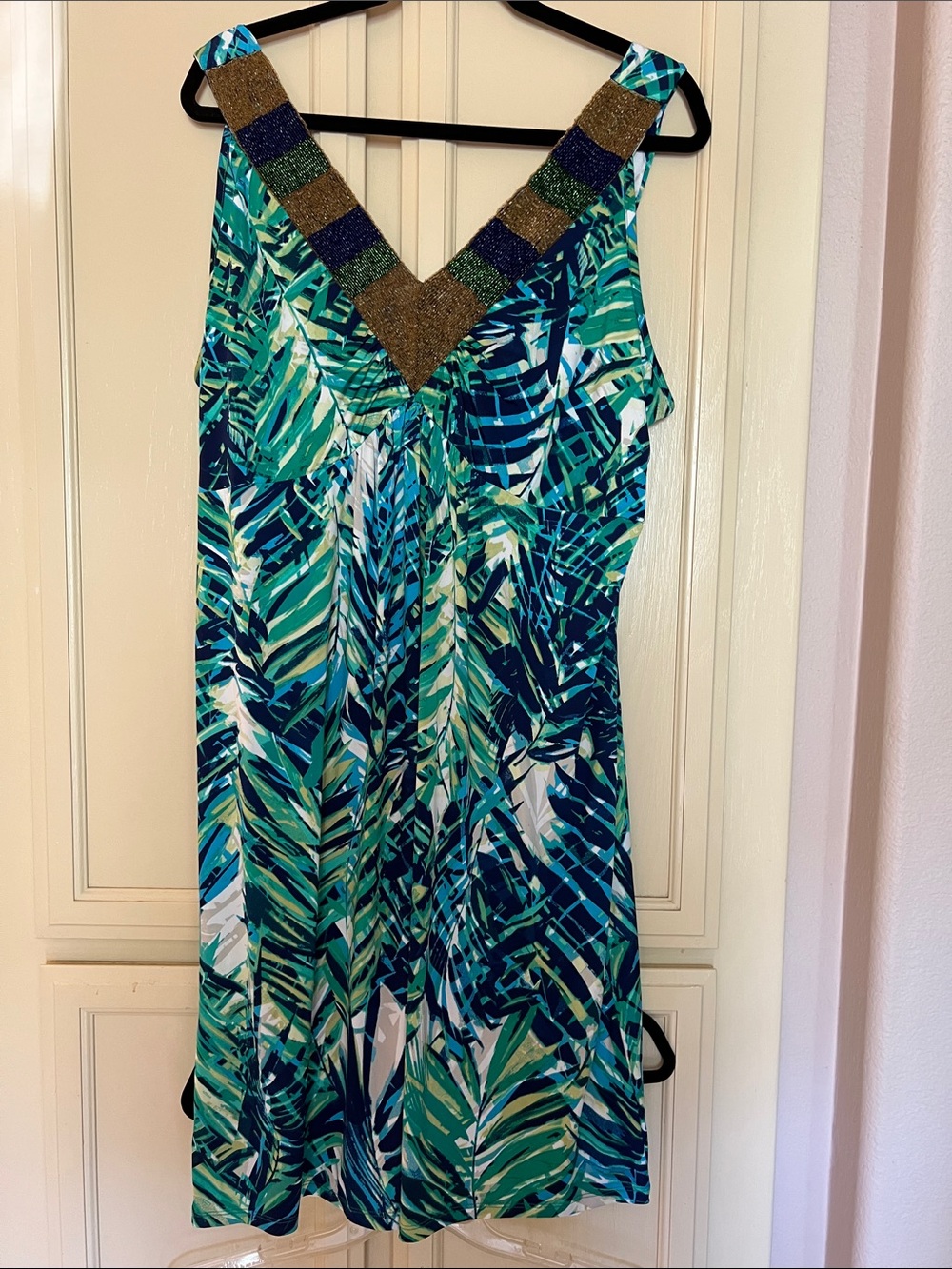 2x Style & Co. Teal and Blue Tropical V-Neck Midi Dress with Gold bead trim.